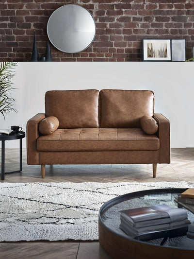 Henley 2 Seater Sofa With Bolsters - Brown Tan Faux Leather