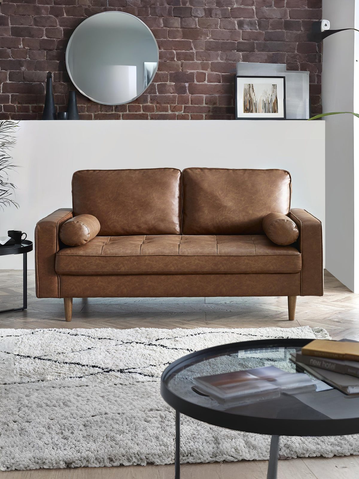 Henley 3 Seater Sofa With Bolsters - Brown Tan Faux Leather