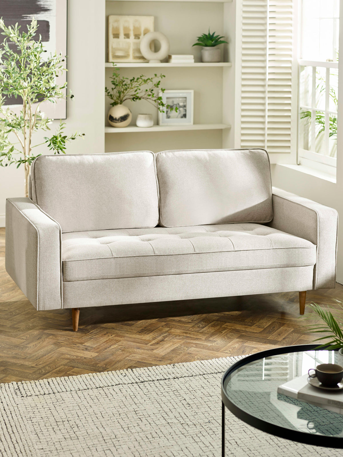 Henrietta Beige Chenille Upholstered 3 Seater Sofa – Beige Linen
