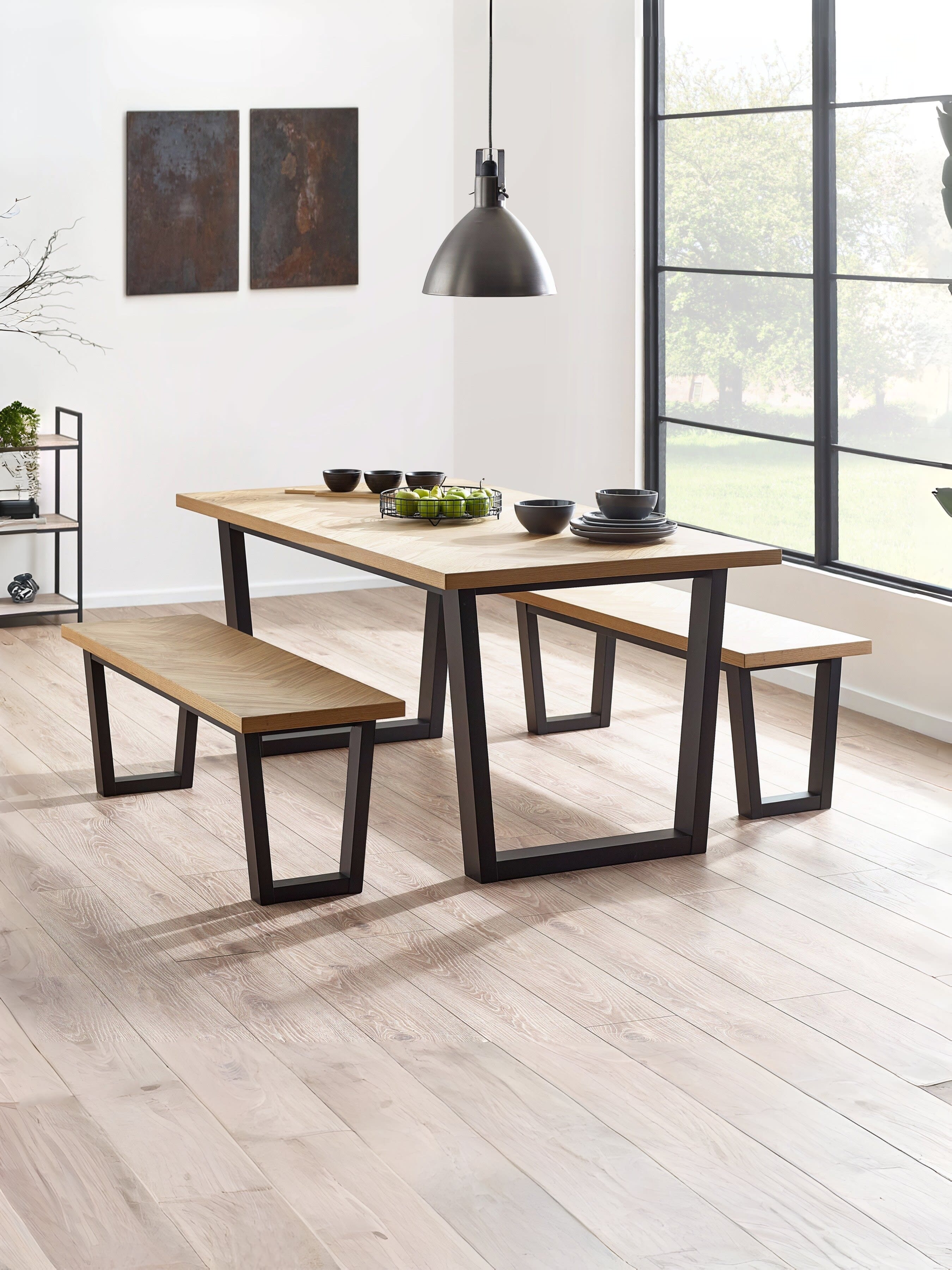 Hilton Dining Table and 2 Hilton Benches – Black And Oak