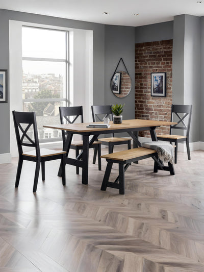 Hockley Table, 1 Hockley Bench and 4 Chairs – Black and Oak Effect