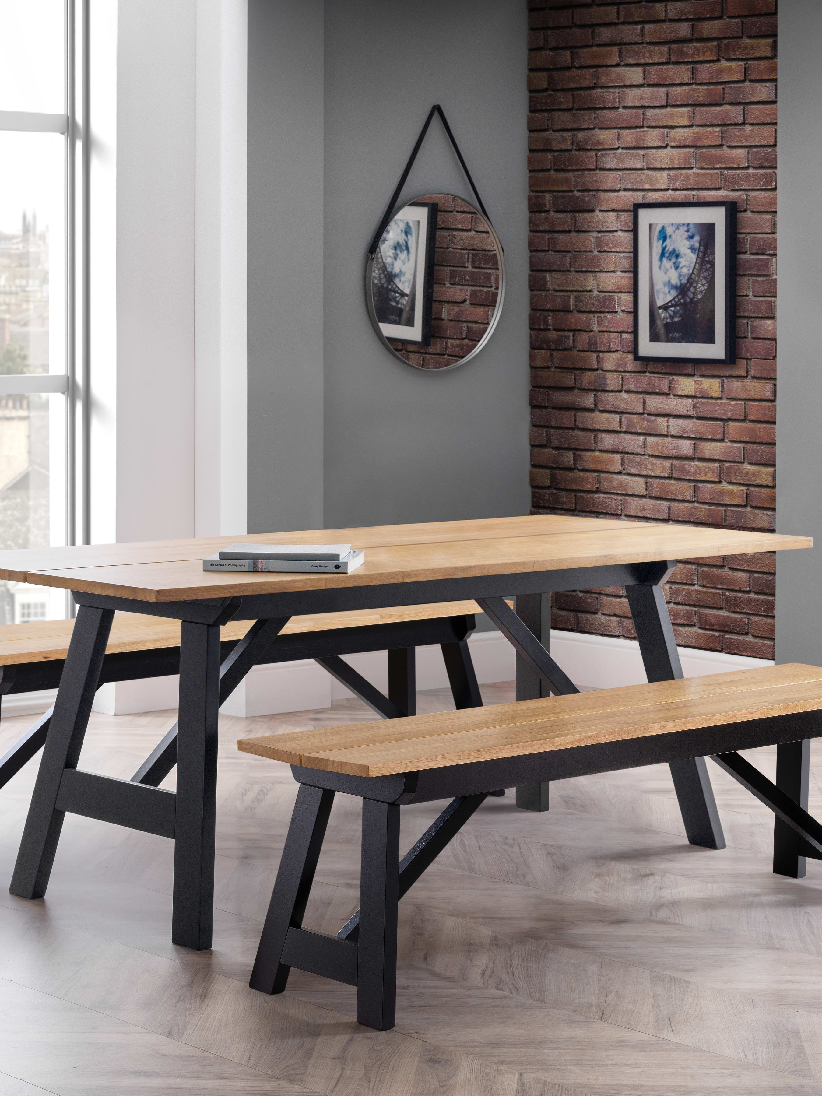Hockley Table and 2 Hockley Benches – Black and Oak Effect