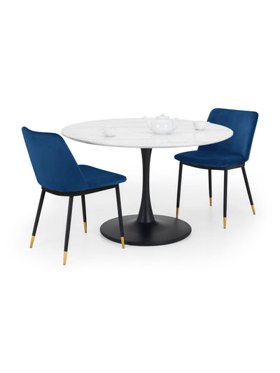 Holland Round Table and 2 Blue Delaunay Chairs – White Marble Effect & Black