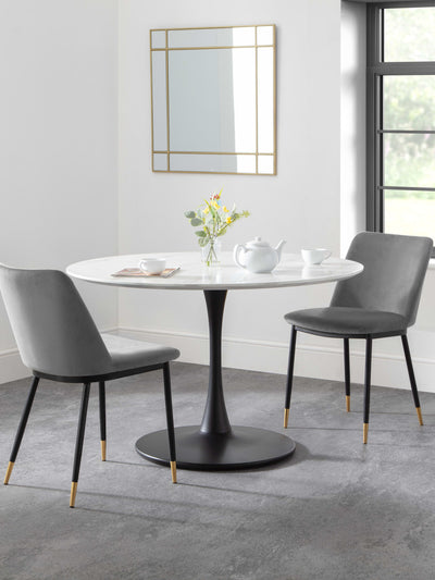 Holland Round Table and 2 Grey Delaunay Chairs – White Marble Effect & Black