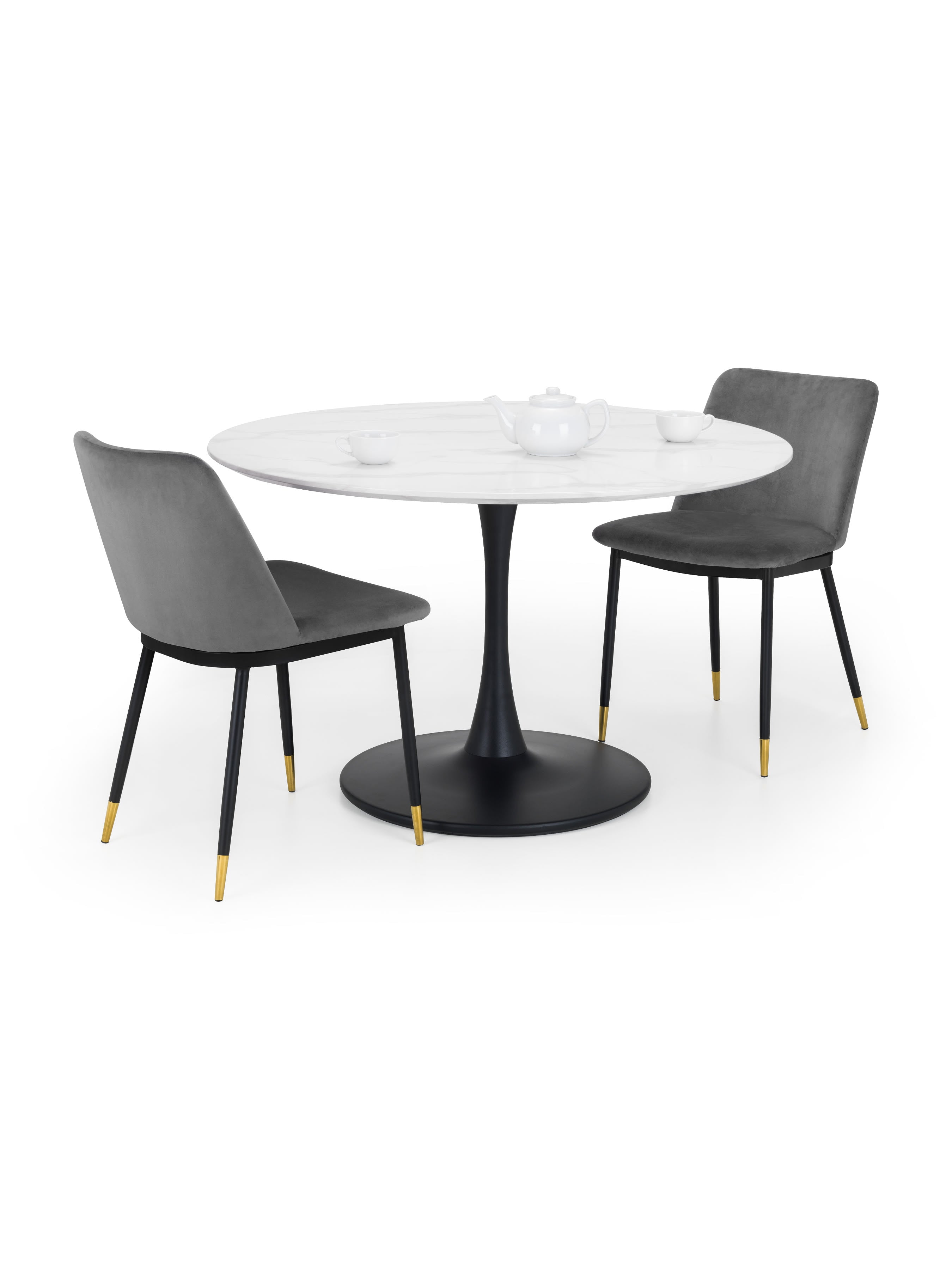 Holland Round Table and 2 Grey Delaunay Chairs – White Marble Effect & Black