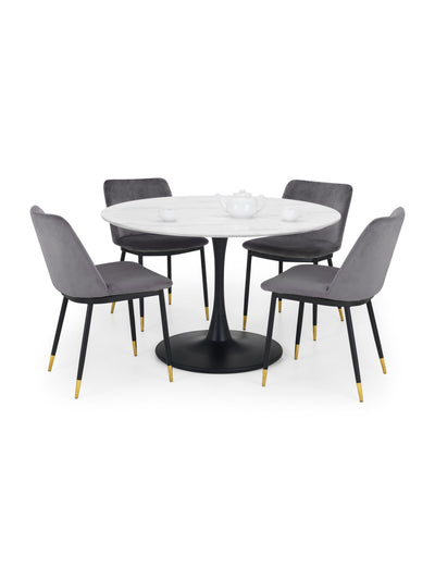 Holland Round Table and 4 Grey Delaunay Chairs – White Marble Effect & Black