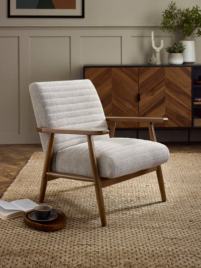 Ivy Sand Chenille Tweed Upholstered Armchair – Oyster White Linen
