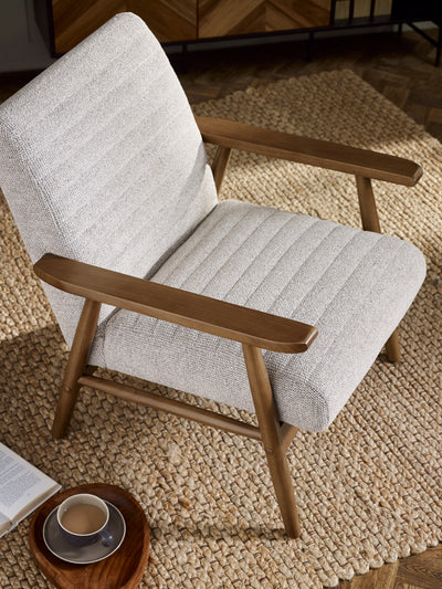 Ivy Sand Chenille Tweed Upholstered Armchair – Oyster White Linen
