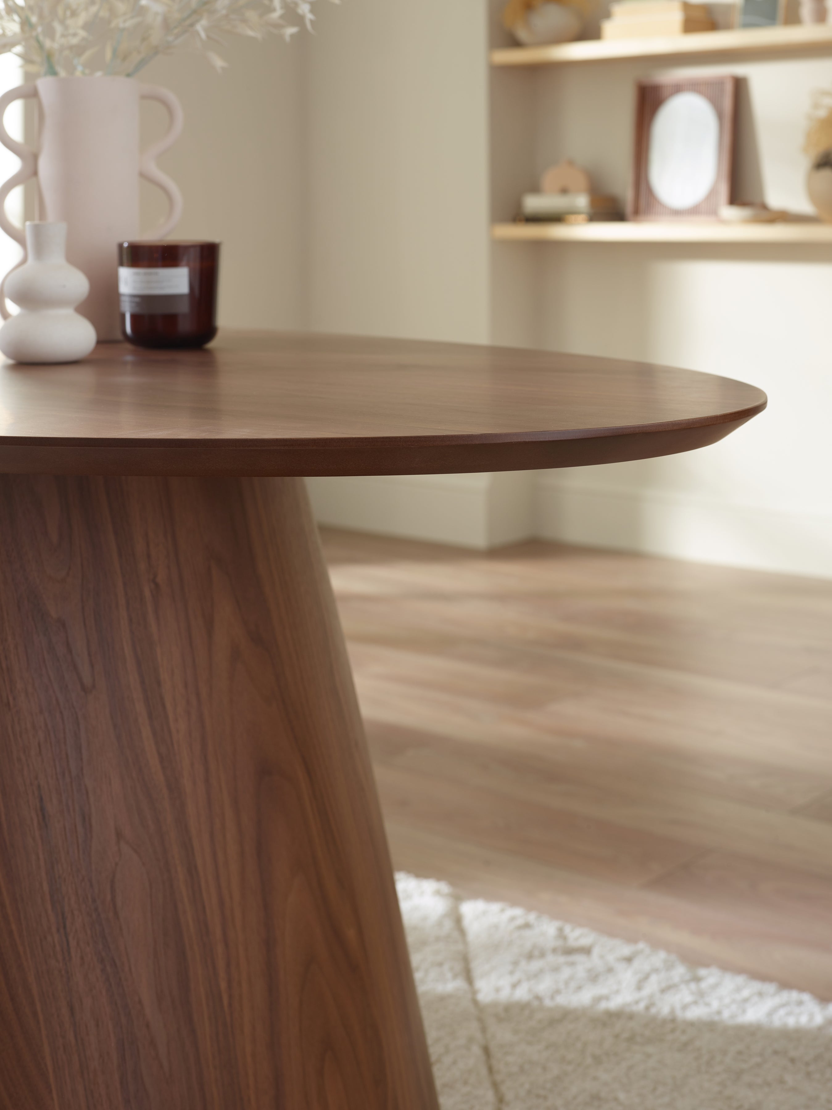Julius Oval Walnut Effect Dining Set with 4 Artemis Chairs – Walnut Effect and Grey Linen