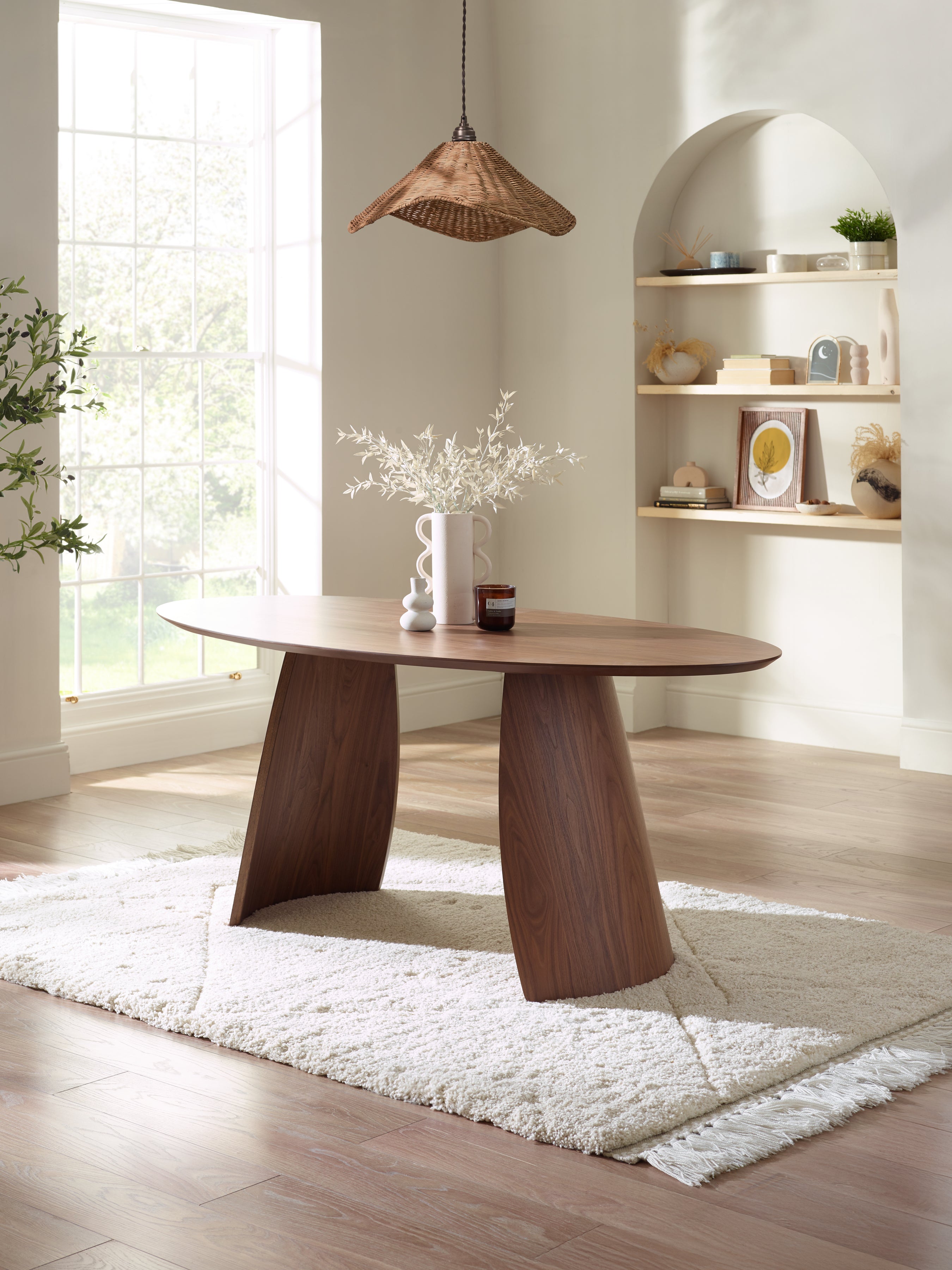 Julius Oval Walnut Effect Dining Set with 6 Artemis Chairs – Walnut Effect and Grey Linen