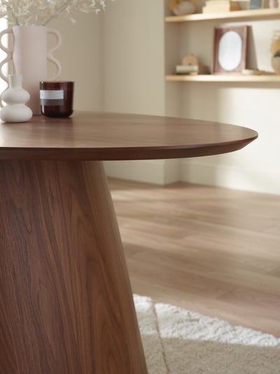 Julius Oval Walnut Effect Dining Set with 6 Artemis Chairs – Walnut Effect and Grey Linen
