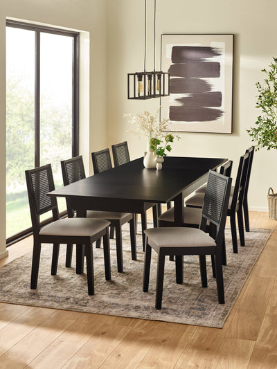 Knoxley Black Extending Rectangular Dining Table Set with 8 Rattan Back Chairs – Black Oak Effect