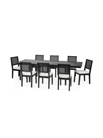 Knoxley Black Extending Rectangular Dining Table Set with 8 Rattan Back Chairs – Black Oak Effect