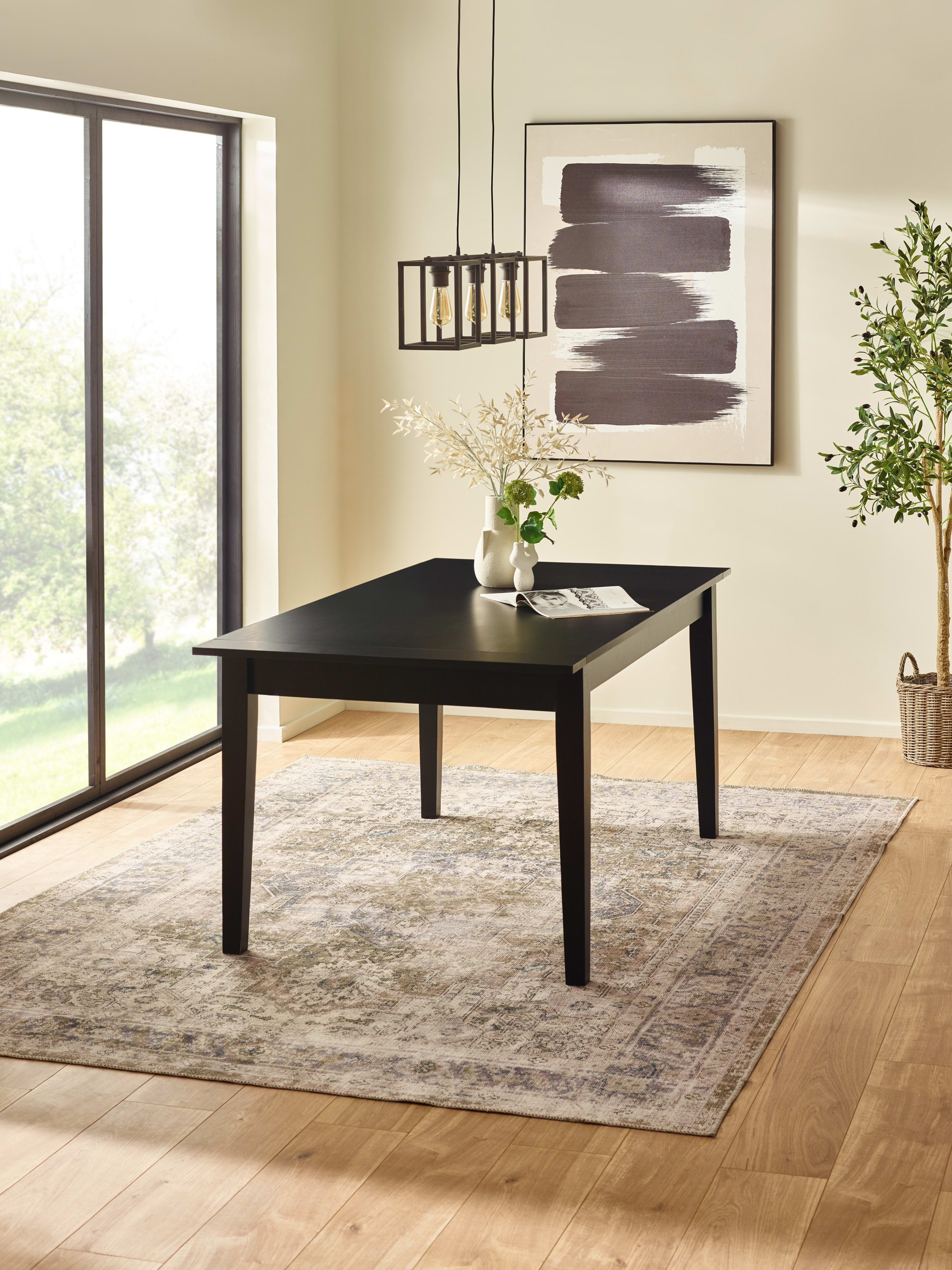 Knoxley Black Extending Rectangular Dining Table Set with 8 Rattan Back Chairs – Black Oak Effect