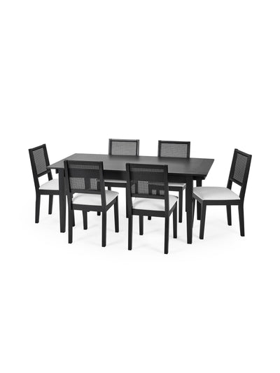 Knoxley Black Extending Rectangular Dining Table Set with 6 Rattan Back Chairs – Black Oak Effect