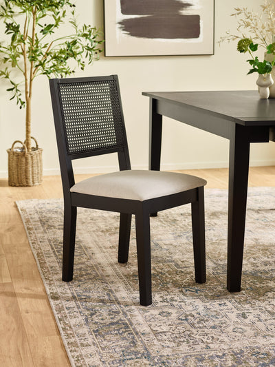 Knoxley Black Extending Rectangular Dining Table Set with 6 Rattan Back Chairs – Black Oak Effect