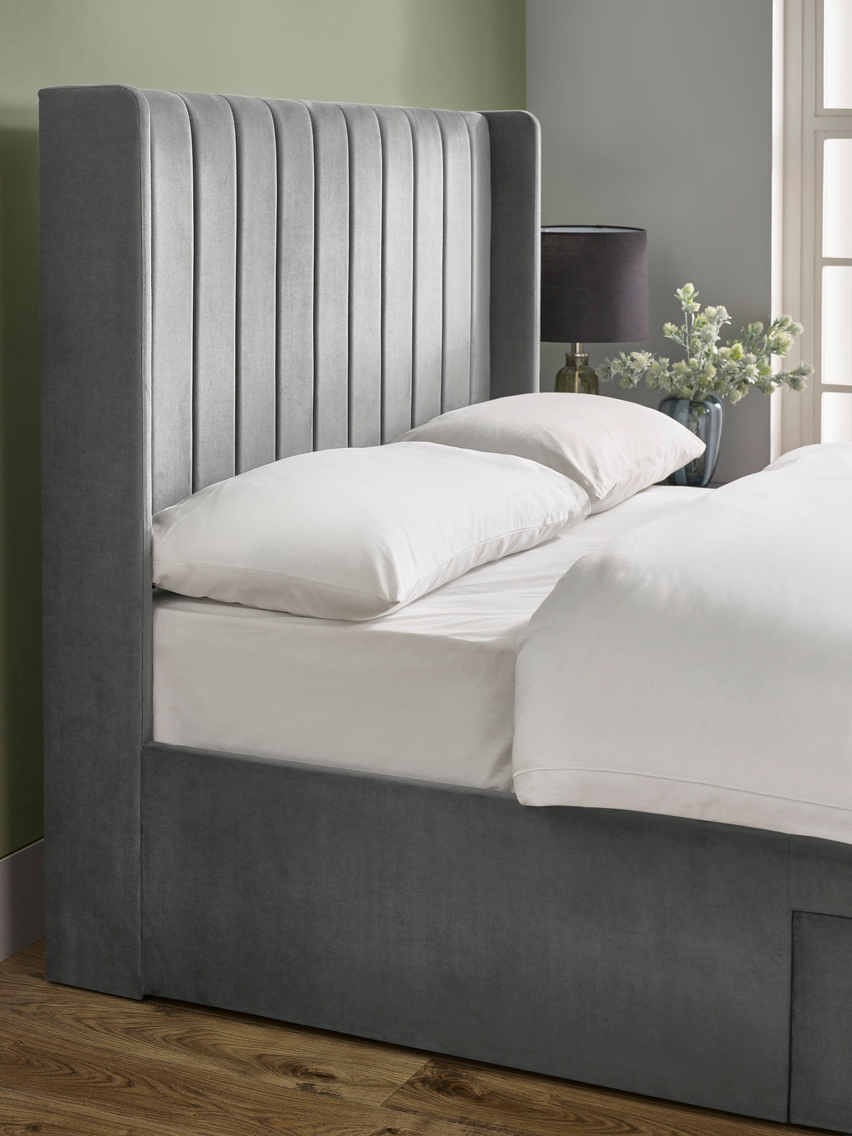 Leila Steel Grey Dual Storage Door Bed – Steel Grey Velvet