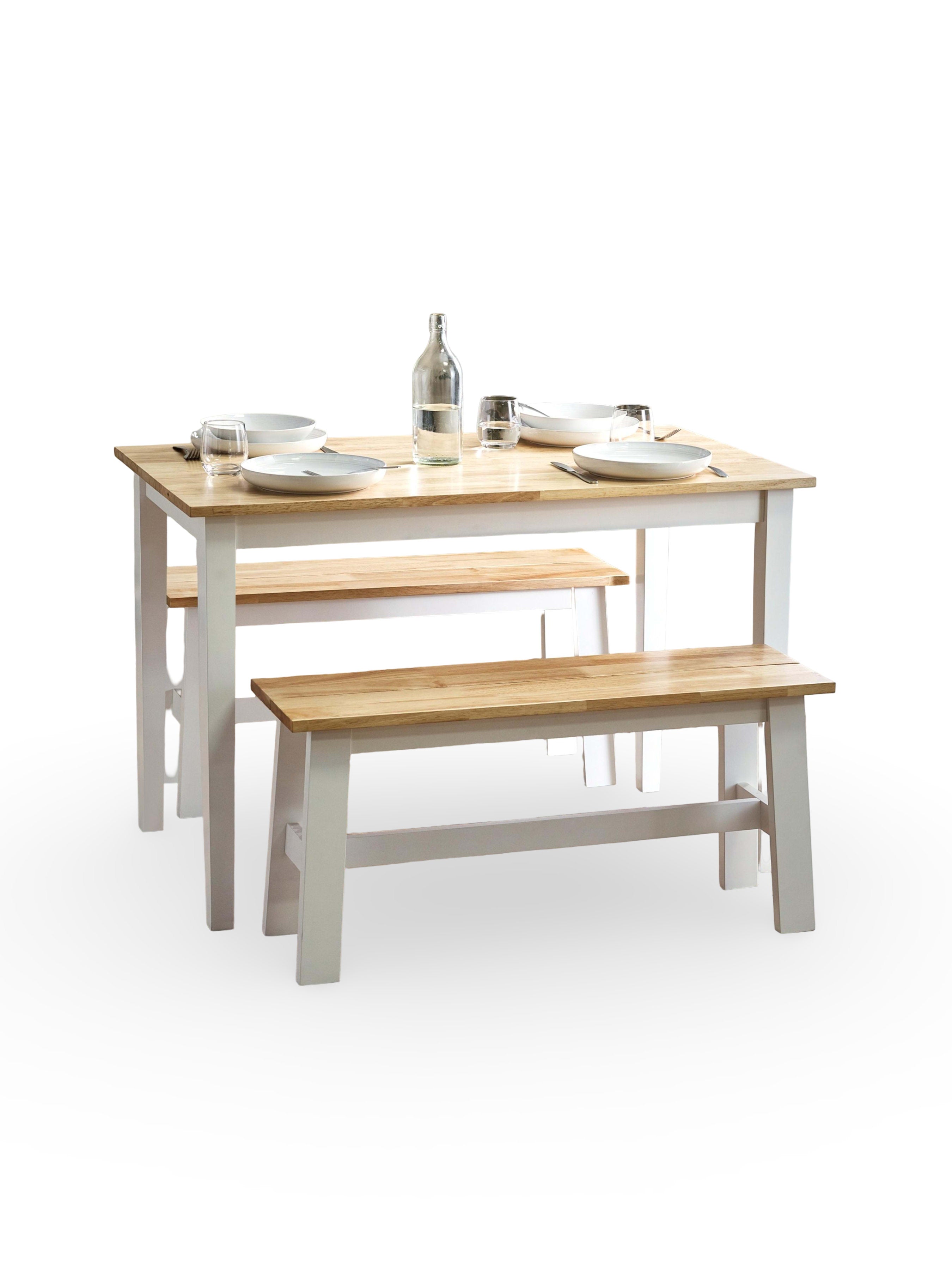 Linwood White/Natural Rectangluar Dining Table set with 2 Benches – Natural/White