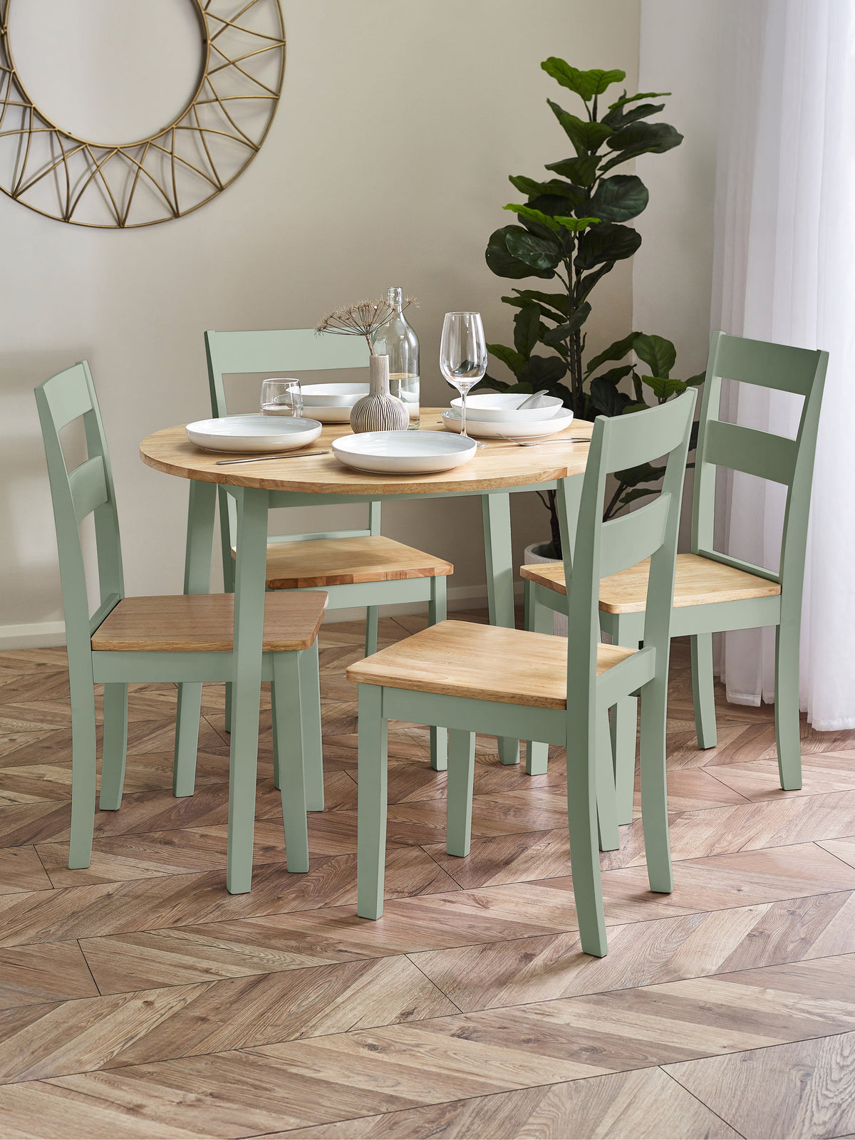 Linwood Set of 2 Sage Green and Natural Dining Chairs – Sage Green and Natural Oak Effect