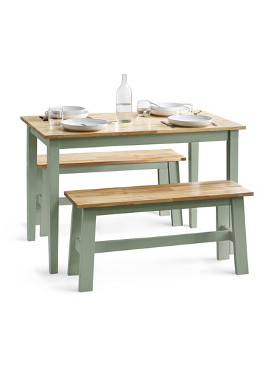 Linwood Sage Green Rectangluar Dining Table set with 2 Benches – Sage Green and Natural Oak Effect