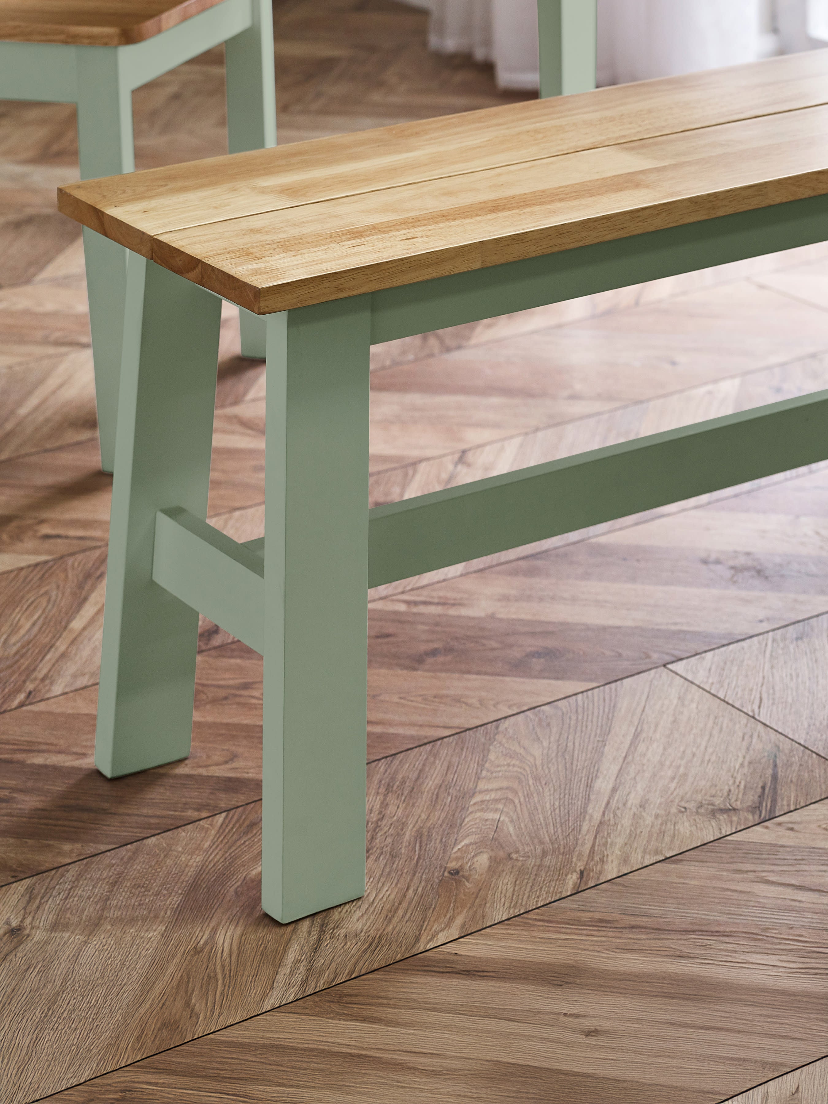 Linwood Sage Green Rectangluar Dining Table set with 2 Benches – Sage Green and Natural Oak Effect