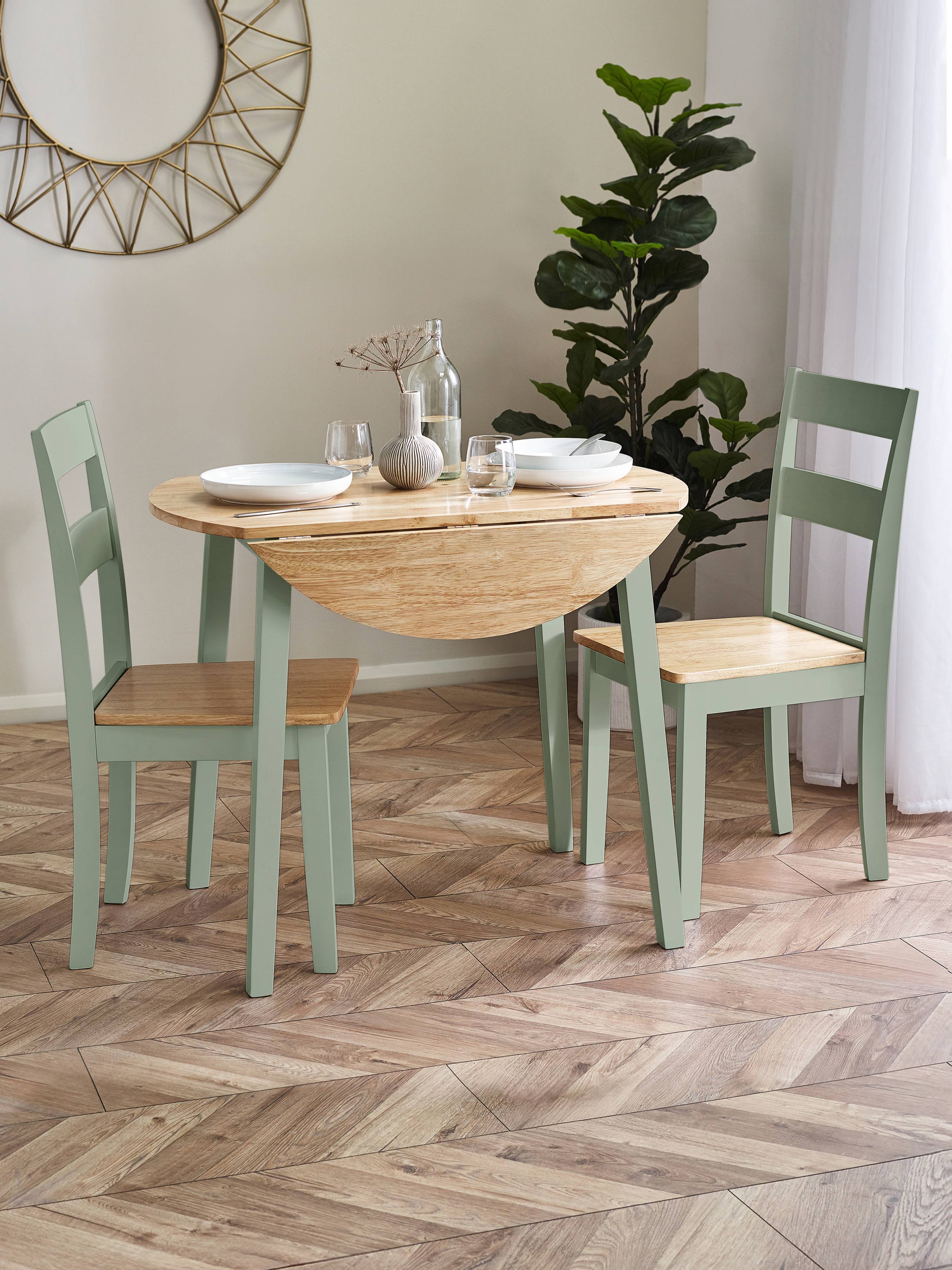 Linwood Sage Green Round Dropleaf Dining Table set with 2 Chairs – Sage Green and Natural Oak Effect