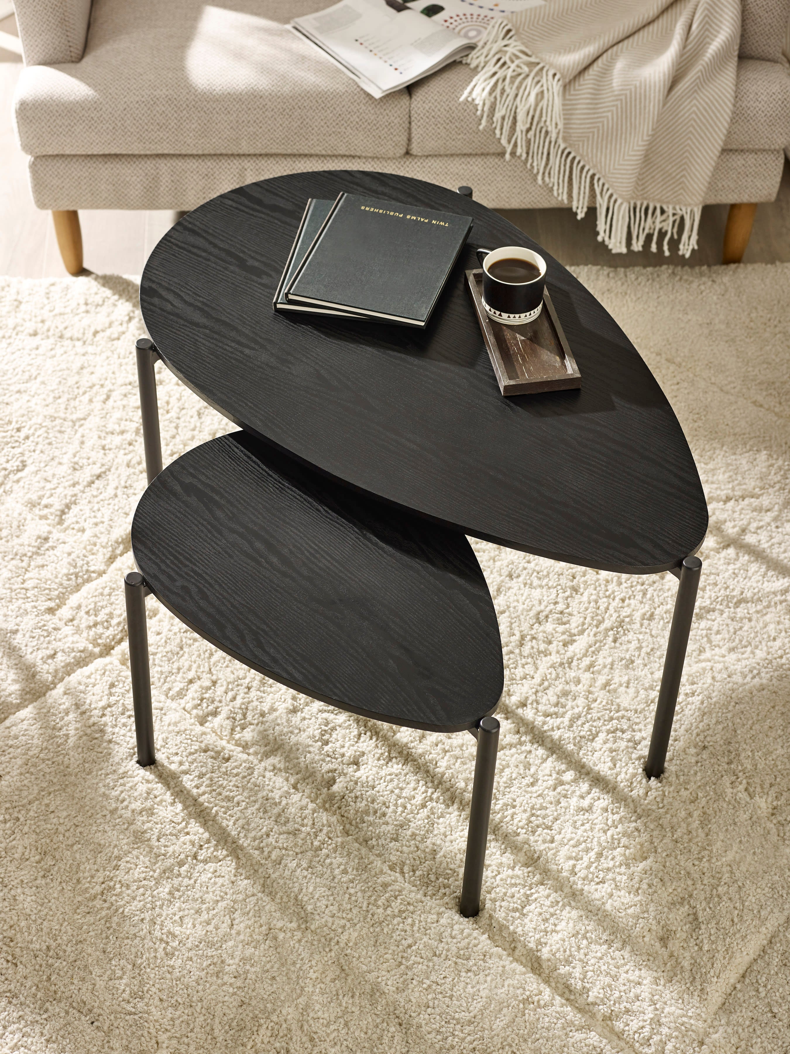 Lorette Black Ash Effect Teardrop Nest of 2 Coffee Tables