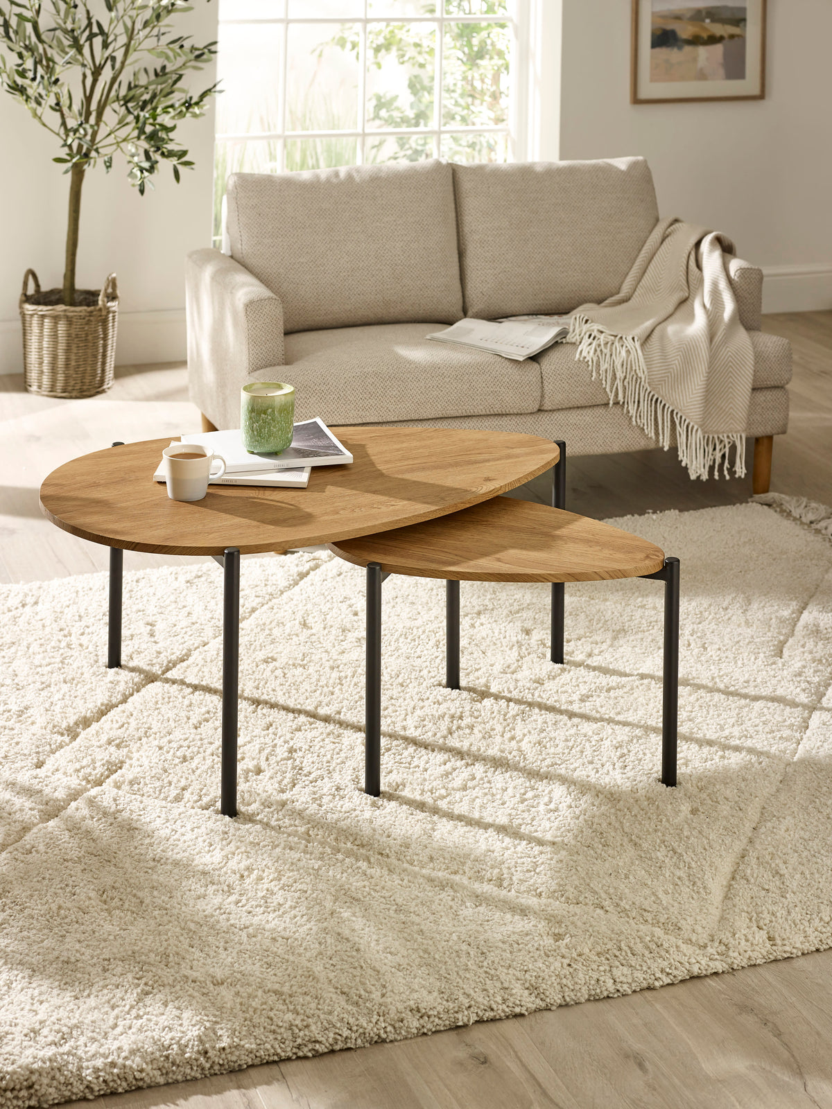 Lorette Oak Effect Teardrop Nest of 2 Coffee Tables