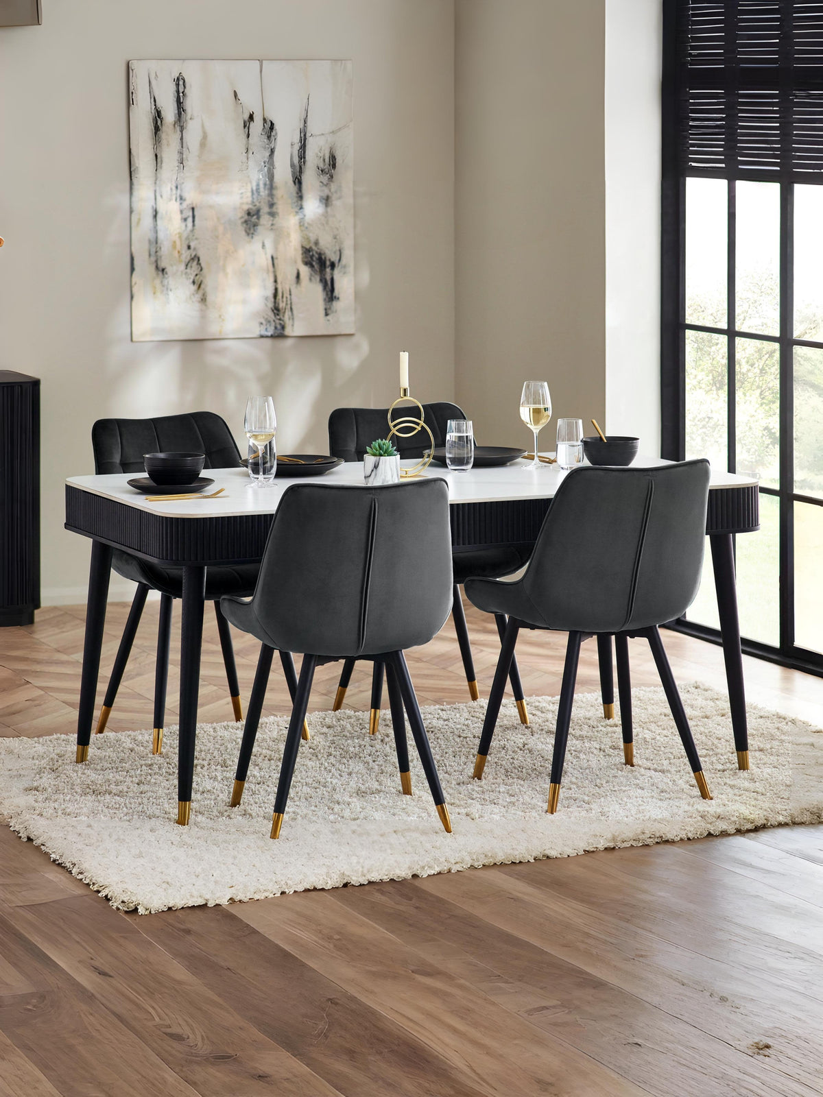 Louis Fluted Stone Top Dining Table With Drawers - Black