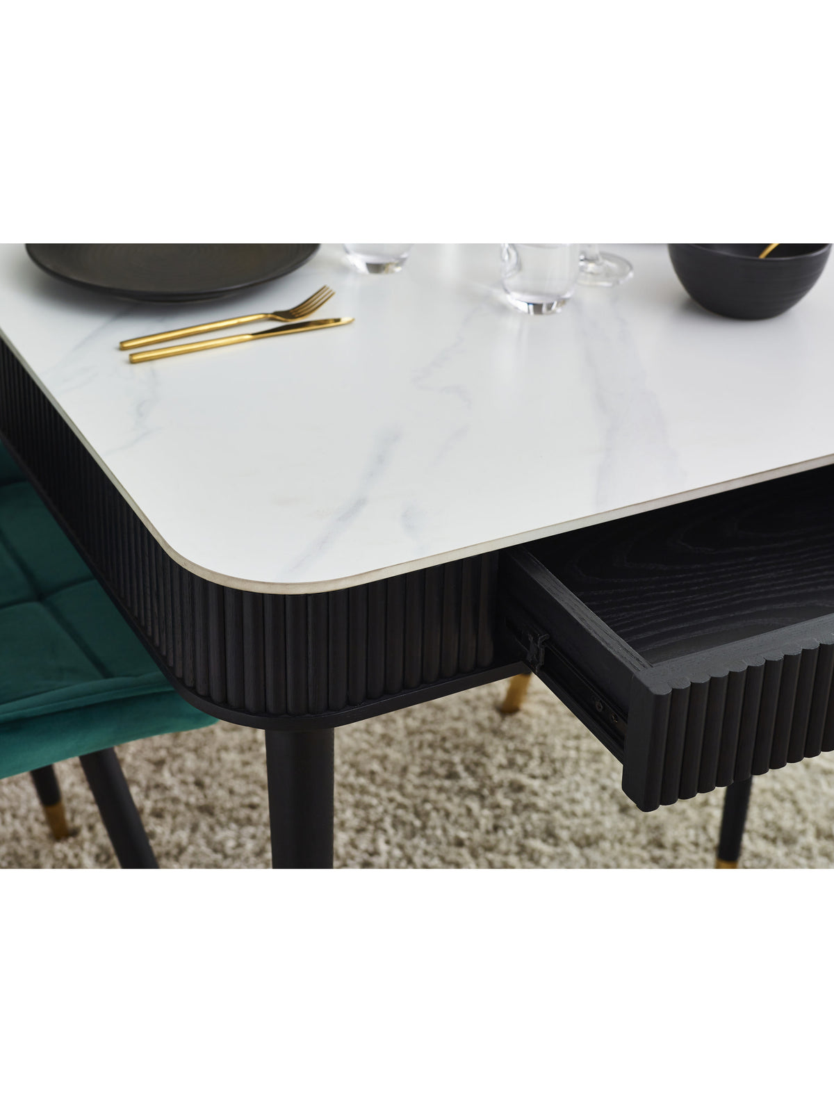 Louis Fluted Stone Top Dining Table With Drawers - Black