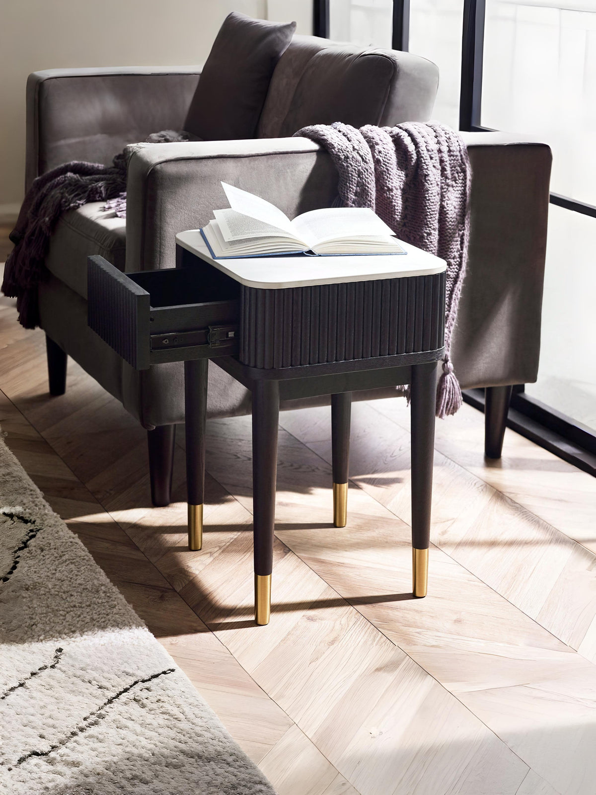 Louis Fluted Stone Top Lamp Table With Drawer - Black