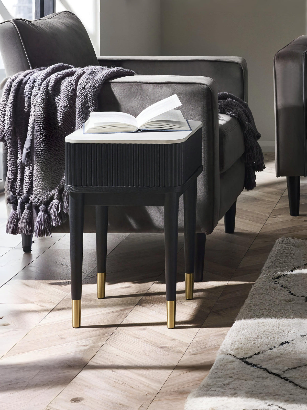 Louis Fluted Stone Top Lamp Table With Drawer - Black