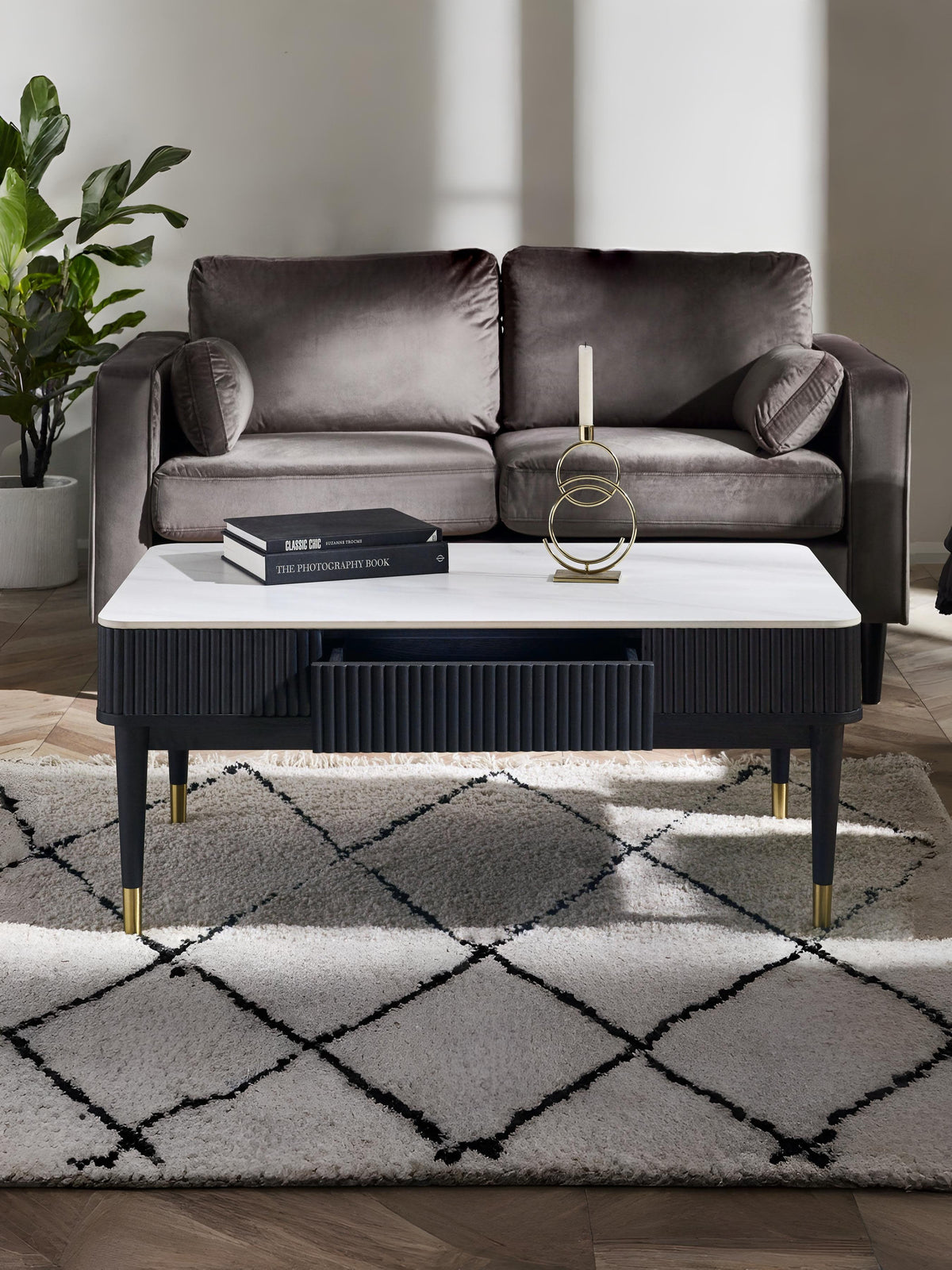 Louis Fluted Stone Top Coffee Table With 2 Drawers - Black