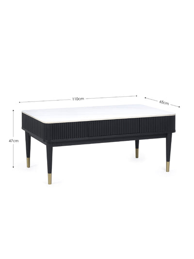 Louis Fluted Stone Top Coffee Table With 2 Drawers - Black