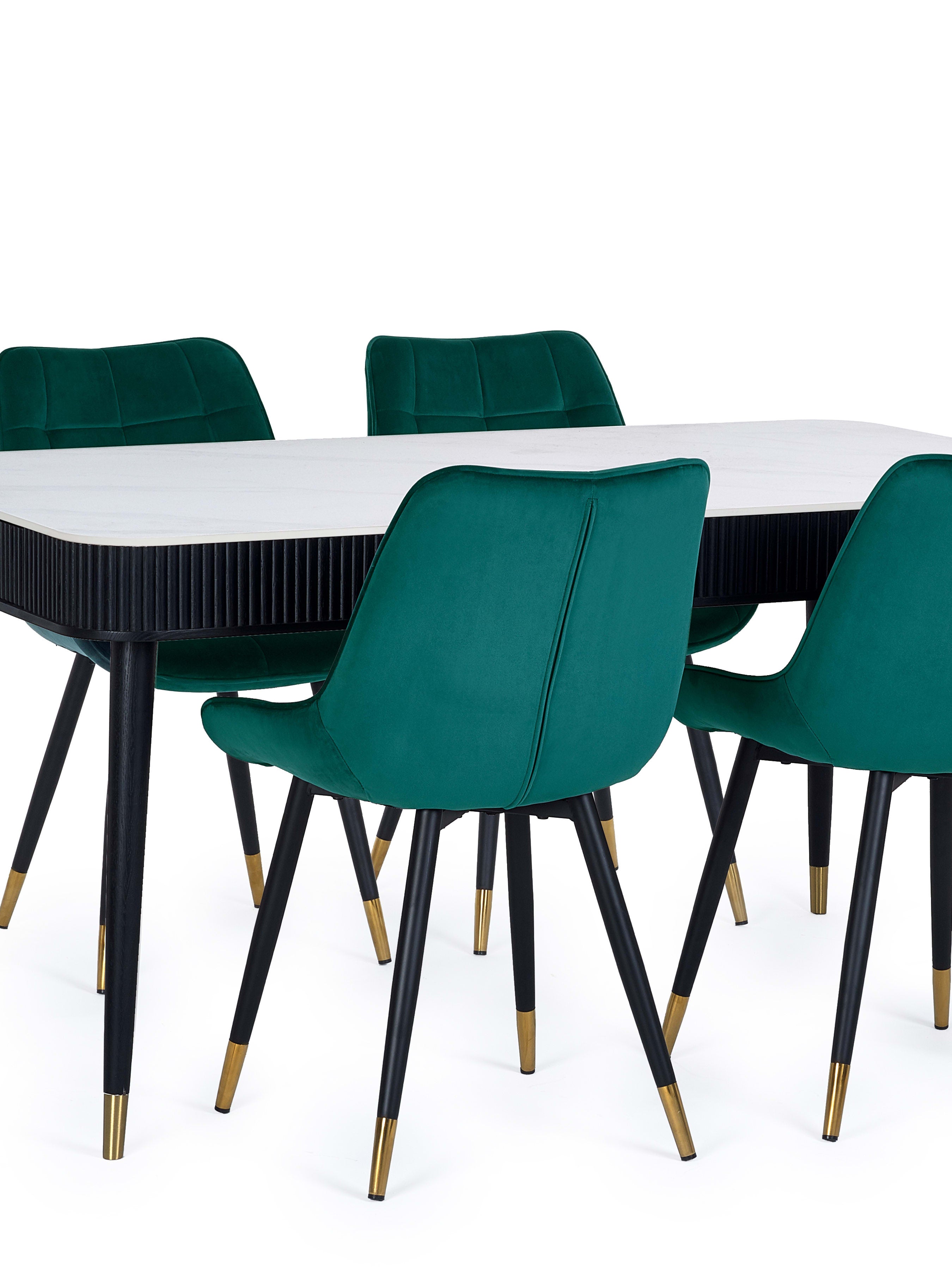 Louis Rectangular Stone Top Table and 4 Hadid Green Chairs – White Marble Effect and Black