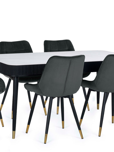 Louis Rectangular Stone Top Table and 6 Hadid Grey Chairs – White Marble Effect and Black