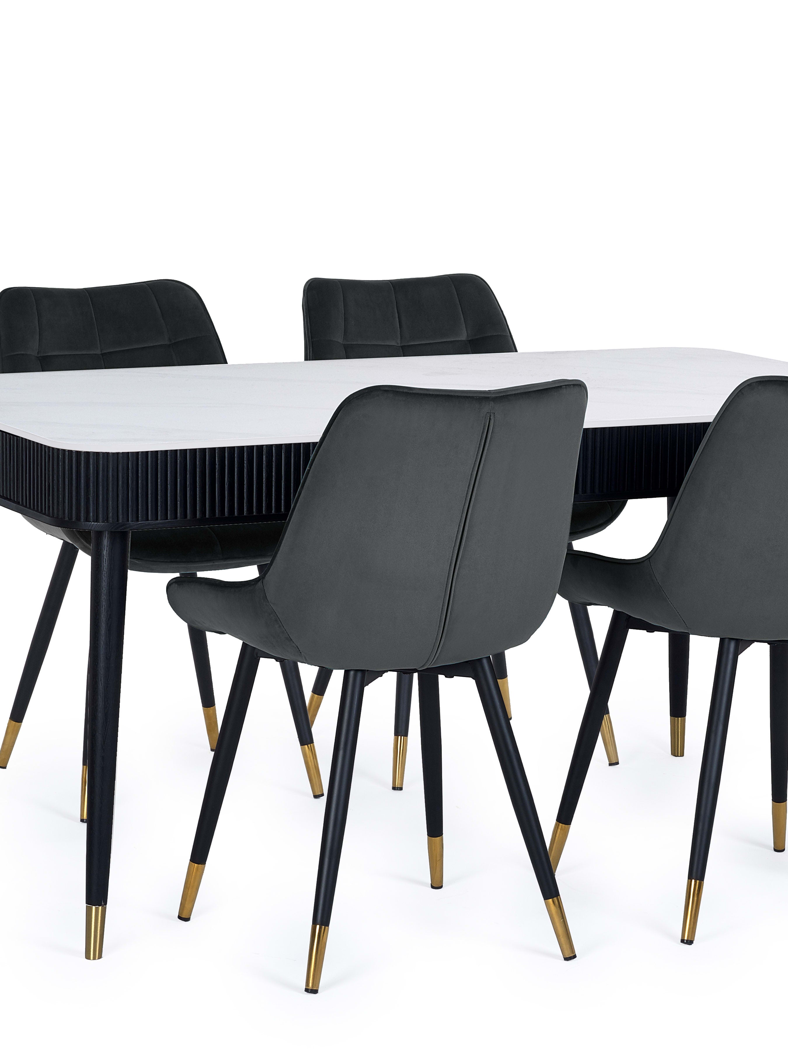 Louis Rectangular Stone Top Table and 4 Hadid Grey Chairs – White Marble Effect and Black