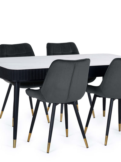 Louis Rectangular Stone Top Table and 4 Hadid Grey Chairs – White Marble Effect and Black