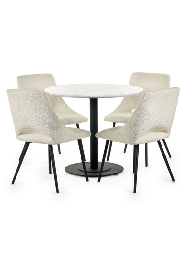Luca Round Table & 4 Iris Ivory Chairs – White Marble Effect and Black