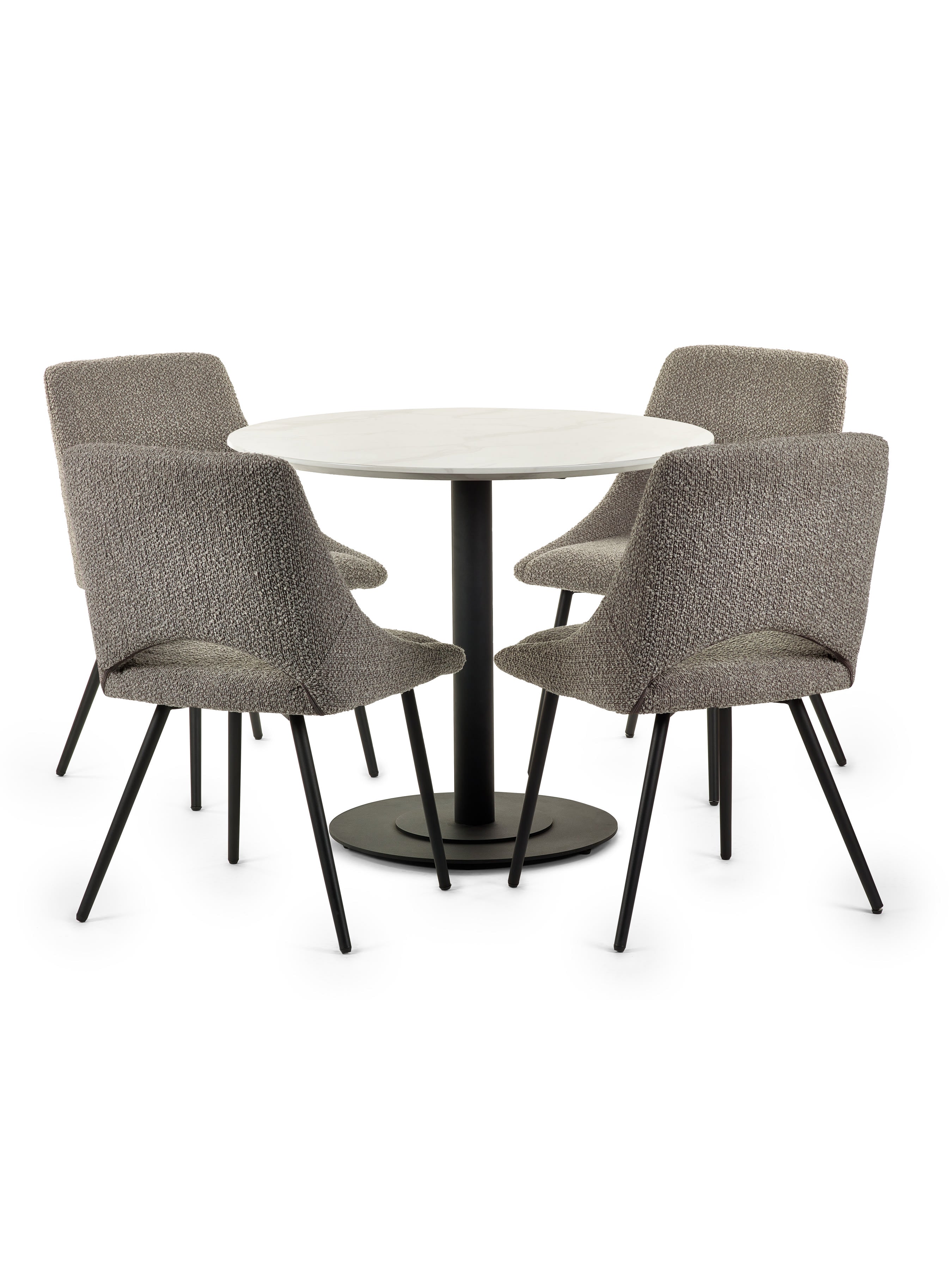 Luca Round Table & 4 Iris Grey Chairs – White Marble Effect and Black