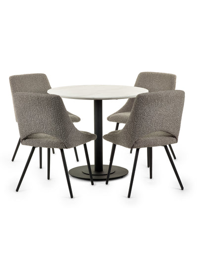 Luca Round Table & 4 Iris Grey Chairs – White Marble Effect and Black