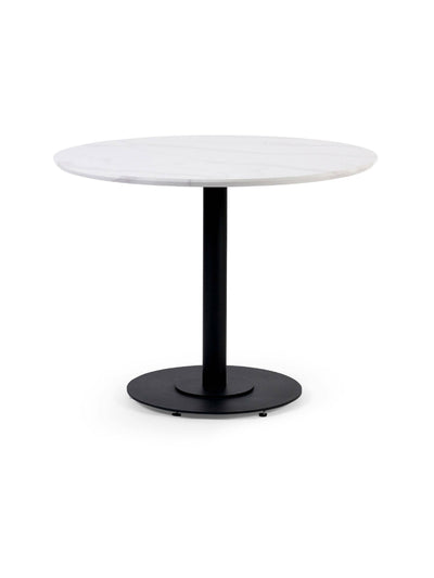 Luca 100cm Round White Dining Set with 4 Morris Cream Faux Leather Chairs – White Marble Effect and Black