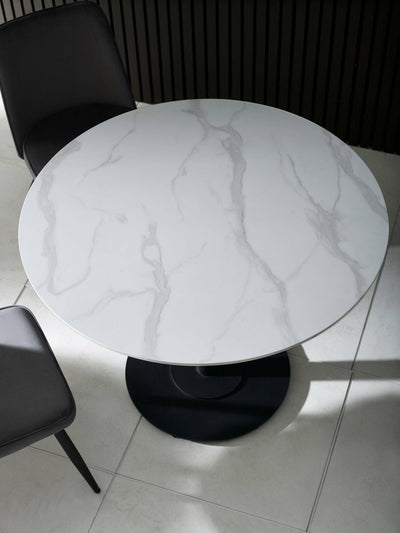 Luca 100cm Round White Dining Set with 4 Morris Cream Faux Leather Chairs – White Marble Effect and Black