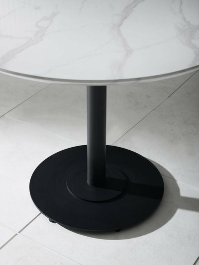 Luca 100cm Round White Dining Set with 4 Morris Cream Faux Leather Chairs – White Marble Effect and Black