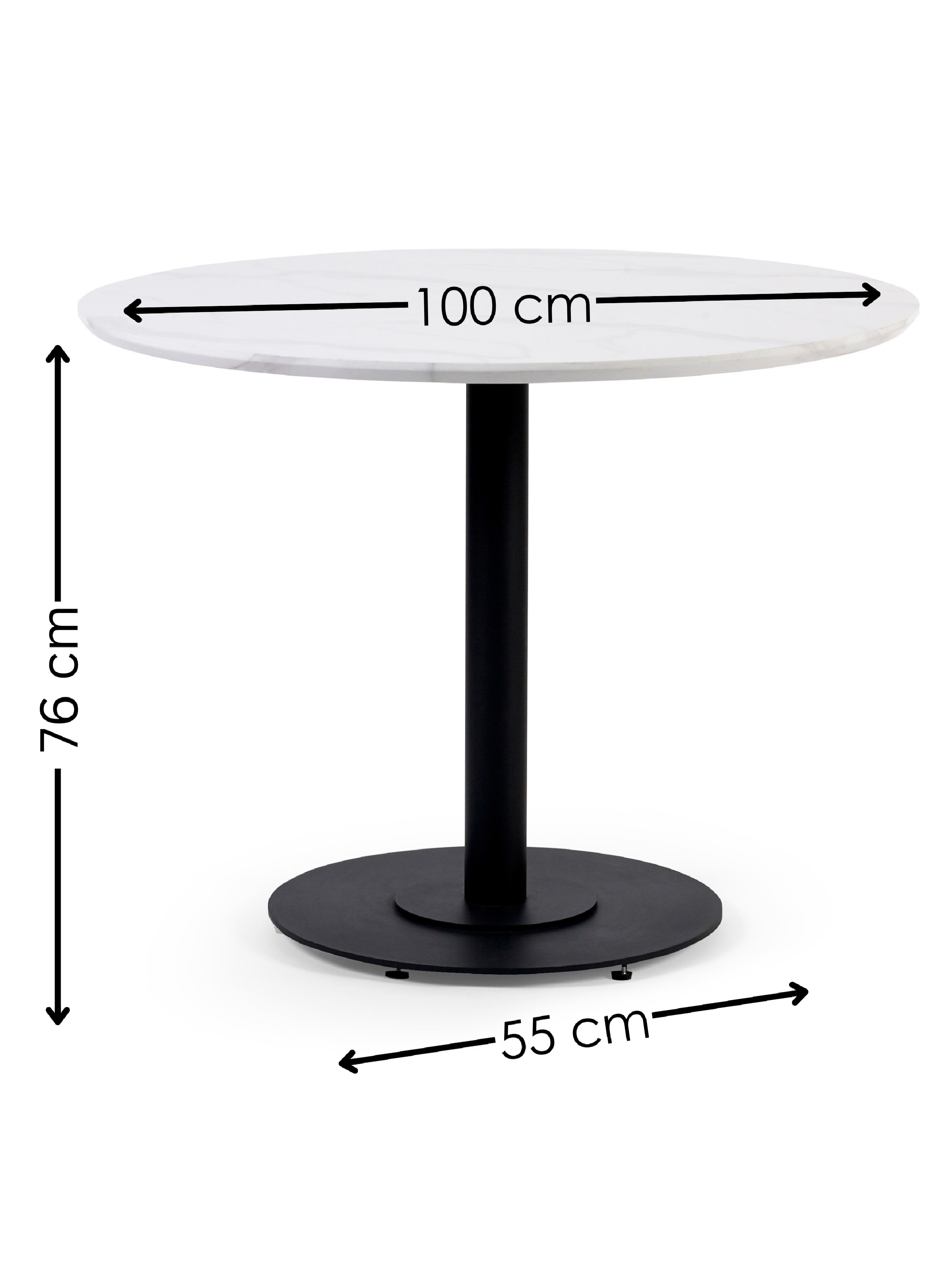 Luca 100cm Round White Dining Set with 4 Morris Cream Faux Leather Chairs – White Marble Effect and Black
