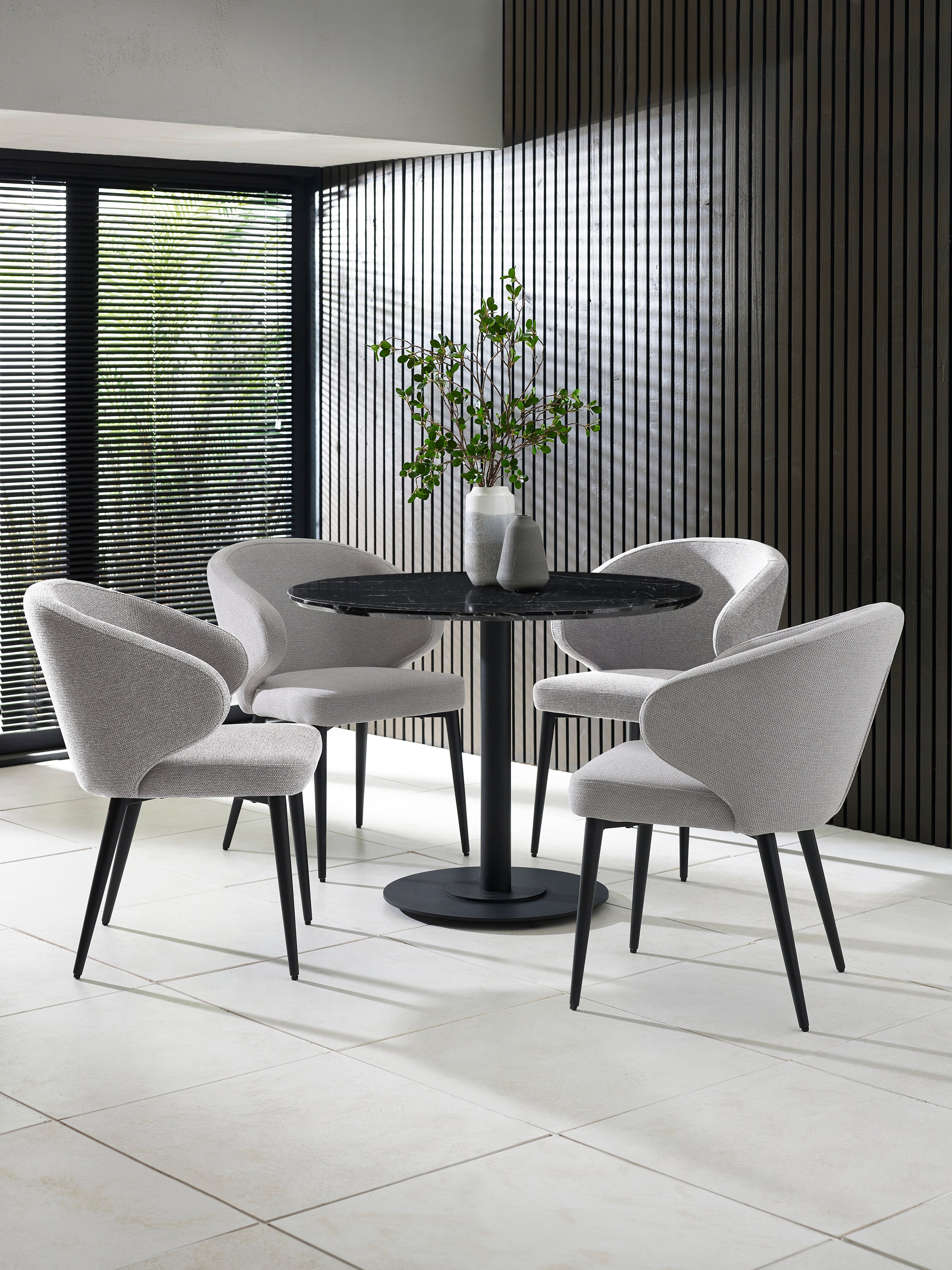 Luca Black 100cm Round Dining Set with 4 Marcus Light Grey Chairs – Black Marble Effect and Light Grey