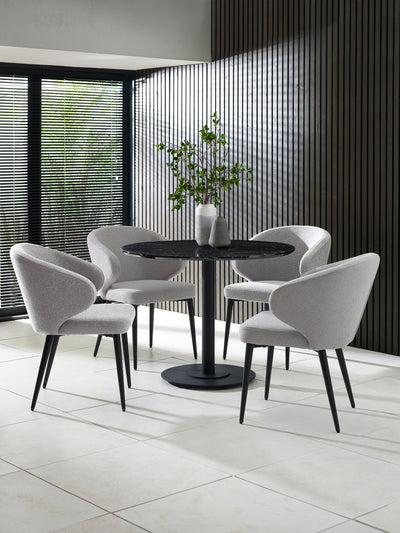 Luca Black 100cm Round Dining Set with 4 Marcus Light Grey Chairs – Black Marble Effect and Light Grey