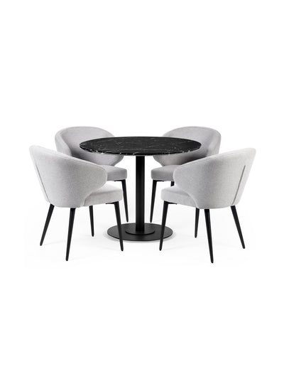 Luca Black 100cm Round Dining Set with 4 Marcus Light Grey Chairs – Black Marble Effect and Light Grey