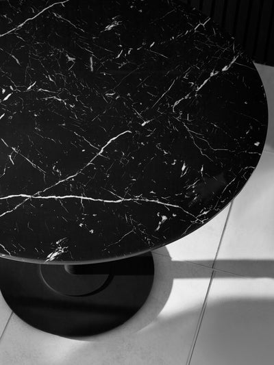 Luca Black 100cm Round Dining Set with 4 Marcus Light Grey Chairs – Black Marble Effect and Light Grey