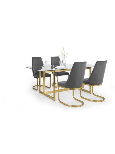 Minori Rectangular Table and 4 Grey Vittoria Chairs – Glass/Gold